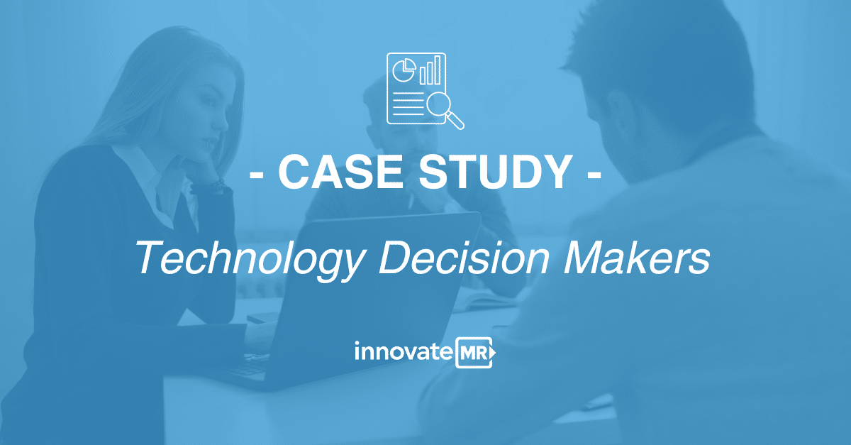 A case study titled "Technology Decision Makers" presented by InnovateMR, showcasing professionals discussing around a table with a laptop, overlaid with a blue filter, highlights the role of market research in guiding data collection.